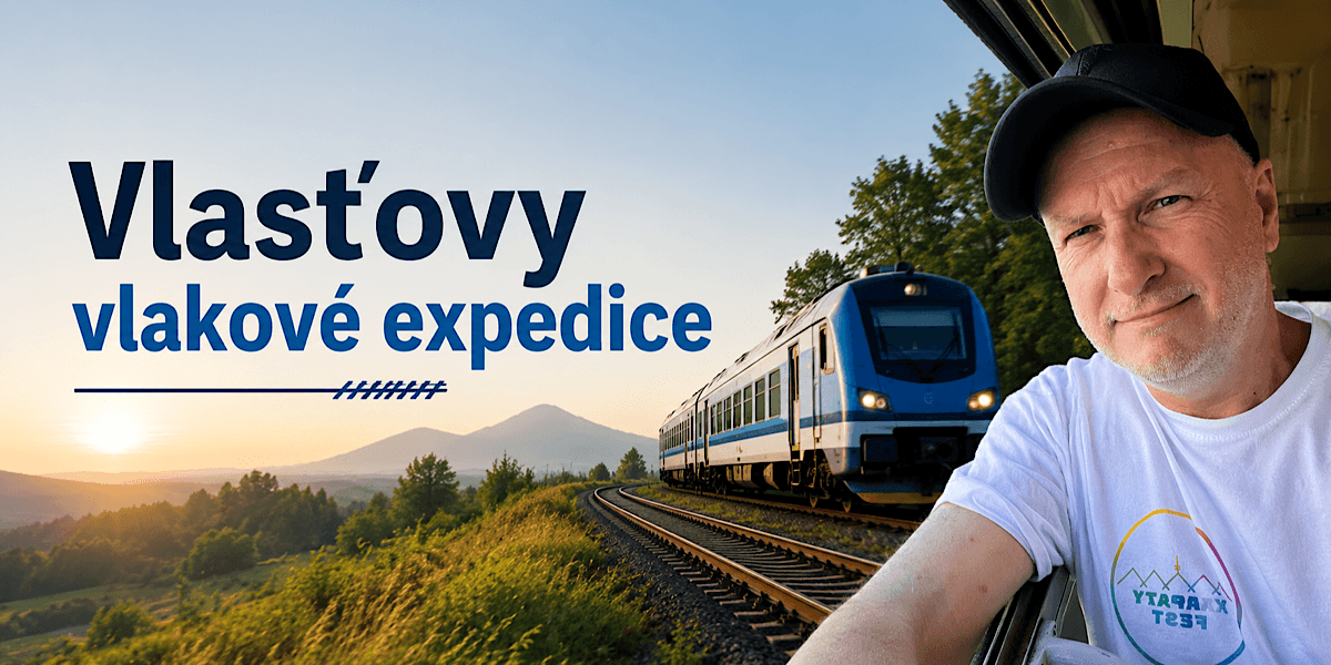 Vlasťovy expedice vlakem, Vlasťa Macík dívající se z okna vlaku, v pozadí hory a vlak