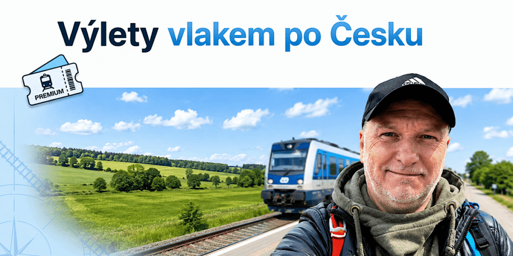 Obálka výlety vlakem premium, 39 tipů na výlety vlakem, Vlasťa Macík v pozadí krajina a projíždějící vlak